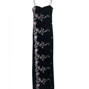 Roberta Elegant Black Velvet Strapless Embroidered Floral Dress Size M